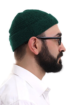 Yeşil Katlamalı Sade Desen Kışlık Kadife Takke Şapka