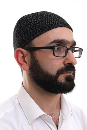 Koyu Gri Orlon Kışlık Namaz Takkesi Baklava Desenli Takke