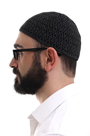 Koyu Gri Orlon Kışlık Namaz Takkesi Baklava Desenli Takke