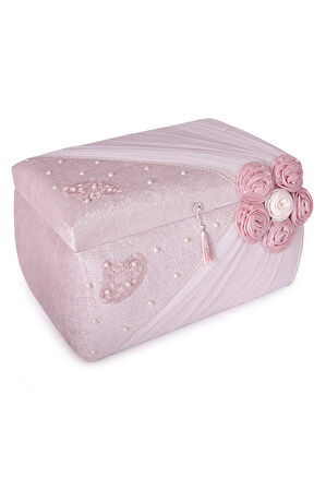 Kadife Süngerli Güllü Dantelli Söz Nişan Düğün Çeyizlik Gelin Bohça Sandık Seti (Büyük+Küçük) - Pudra