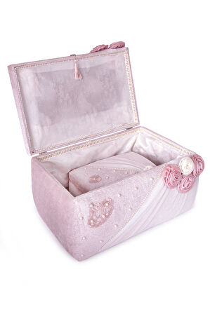 Kadife Süngerli Güllü Dantelli Söz Nişan Düğün Çeyizlik Gelin Bohça Sandık Seti (Büyük+Küçük) - Pudra