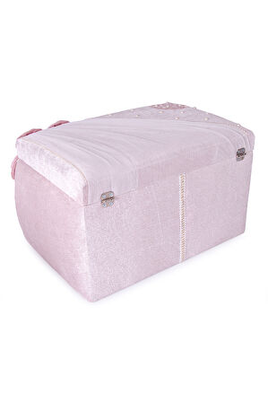 Kadife Süngerli Güllü Dantelli Söz Nişan Düğün Çeyizlik Gelin Bohça Sandık Seti (Büyük+Küçük) - Pudra