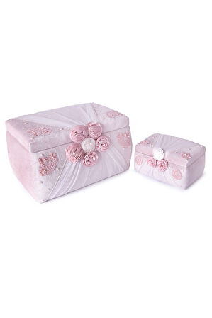 Kadife Süngerli Güllü Dantelli Söz Nişan Düğün Çeyizlik Gelin Bohça Sandık Seti (Büyük+Küçük) - Pudra/Beyaz