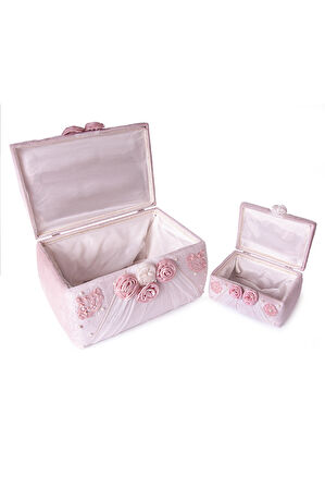 Kadife Süngerli Güllü Dantelli Söz Nişan Düğün Çeyizlik Gelin Bohça Sandık Seti (Büyük+Küçük) - Pudra/Beyaz