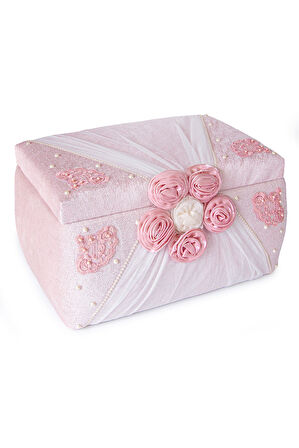 Kadife Süngerli Güllü Dantelli Söz Nişan Düğün Çeyizlik Gelin Bohça Sandık Seti (Büyük+Küçük) - Pudra/Beyaz