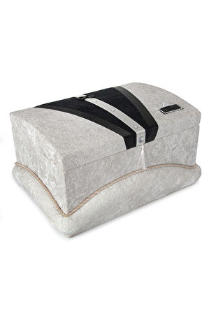 Kadife Süngerli Şeritli Söz Nişan Düğün Çeyizlik Gelin Bohça Sandık Seti (Büyük+Küçük) - Krem/Siyah