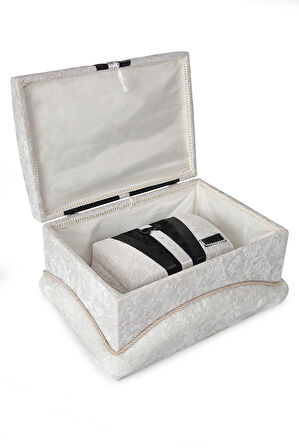 Kadife Süngerli Şeritli Söz Nişan Düğün Çeyizlik Gelin Bohça Sandık Seti (Büyük+Küçük) - Krem/Siyah