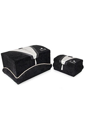 Kadife Süngerli Şeritli Söz Nişan Düğün Çeyizlik Gelin Bohça Sandık Seti (Büyük+Küçük) - Siyah