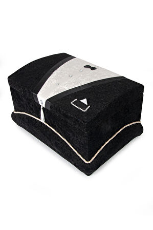 Kadife Süngerli Şeritli Söz Nişan Düğün Çeyizlik Gelin Bohça Sandık Seti (Büyük+Küçük) - Siyah