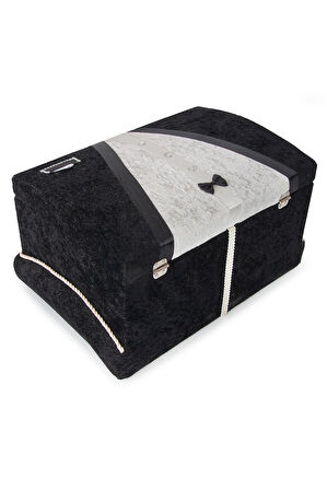 Kadife Süngerli Şeritli Söz Nişan Düğün Çeyizlik Gelin Bohça Sandık Seti (Büyük+Küçük) - Siyah