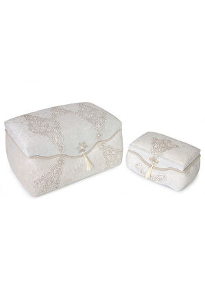 Kadife İşlemeli Söz Nişan Düğün Çeyizlik Gelin Bohça Sandık Seti (Büyük+Küçük) - Krem