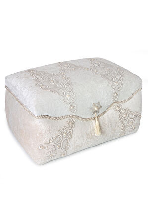 Kadife İşlemeli Söz Nişan Düğün Çeyizlik Gelin Bohça Sandık Seti (Büyük+Küçük) - Krem