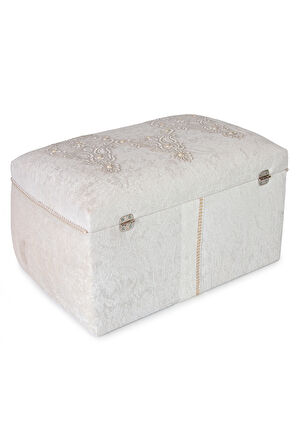 Kadife İşlemeli Söz Nişan Düğün Çeyizlik Gelin Bohça Sandık Seti (Büyük+Küçük) - Krem