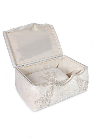 Kadife İşlemeli Söz Nişan Düğün Çeyizlik Gelin Bohça Sandık Seti (Büyük+Küçük) - Krem