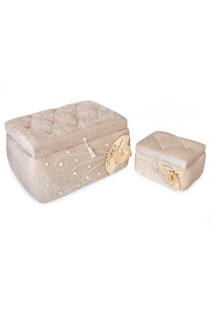 Kadife Çiçekli Söz Nişan Düğün Çeyizlik Gelin Bohça Sandık Seti (Büyük+Küçük) - Bej