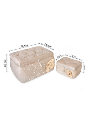 Kadife Çiçekli Söz Nişan Düğün Çeyizlik Gelin Bohça Sandık Seti (Büyük+Küçük) - Bej