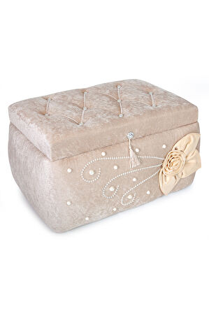 Kadife Çiçekli Söz Nişan Düğün Çeyizlik Gelin Bohça Sandık Seti (Büyük+Küçük) - Bej