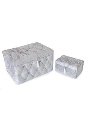 Kadife Kapitone Söz Nişan Düğün Çeyizlik Gelin Bohça Sandık Seti (Büyük+Küçük) - Gri