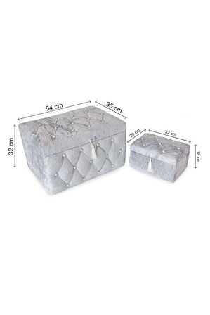 Kadife Kapitone Söz Nişan Düğün Çeyizlik Gelin Bohça Sandık Seti (Büyük+Küçük) - Gri