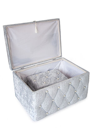 Kadife Kapitone Söz Nişan Düğün Çeyizlik Gelin Bohça Sandık Seti (Büyük+Küçük) - Gri