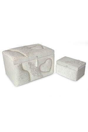 Kadife Kalpli Desenli Söz Nişan Düğün Çeyizlik Gelin Bohça Sandık Seti (Büyük+Küçük) - Krem