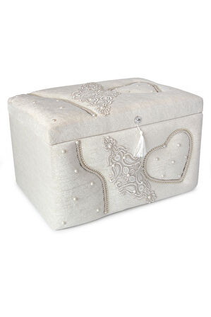 Kadife Kalpli Desenli Söz Nişan Düğün Çeyizlik Gelin Bohça Sandık Seti (Büyük+Küçük) - Krem