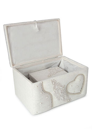 Kadife Kalpli Desenli Söz Nişan Düğün Çeyizlik Gelin Bohça Sandık Seti (Büyük+Küçük) - Krem