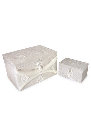 Kadife Dantelli Söz Nişan Düğün Çeyizlik Gelin Bohça Sandık Seti (Büyük+Küçük) - Taş