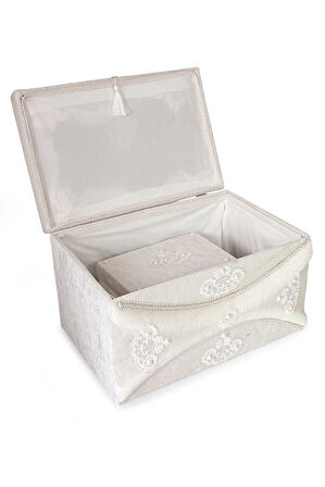 Kadife Dantelli Söz Nişan Düğün Çeyizlik Gelin Bohça Sandık Seti (Büyük+Küçük) - Taş