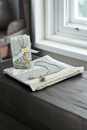 Hediyelik İsme Özel Tesbihli Seccade Seti Gri