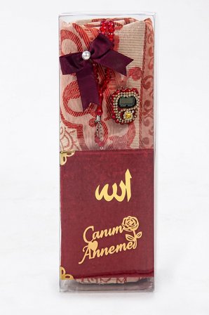 Anneler Gününe Özel Kadife Yasin Kitabı Seccade Seti Kristal Tesbihli - Bordo