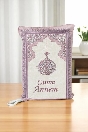 Canım Annem Nakışlı Anneler Günü Hediyesi, Kadife İpek Dokulu Keseli Seccade ve İnci Tesbih Seti - Fuşya
