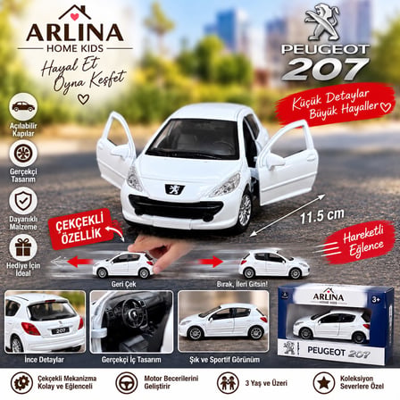 Peugeot 207 Beyaz Metal Model Araba Çek Bırak Lisanslı