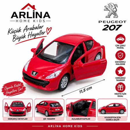 Peugeot 207 Kırmızı Metal Model Araba Çek Bırak Lisanslı