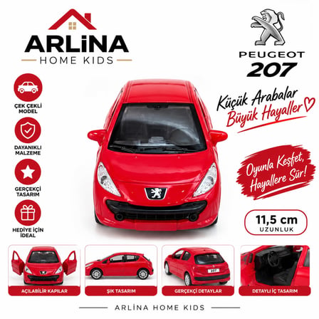 Peugeot 207 Kırmızı Metal Model Araba Çek Bırak Lisanslı