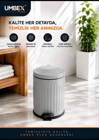  5 LT AMORTİSÖRLÜ GRİ RENKYAVAŞ KAPANIR ÇÖP KOVASI BANYO VE MUTFAKLARINIZDA KULLANIMA UYGUN  İÇ KOVALI