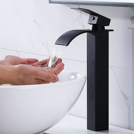 Modern Mat Siyah Kare Çanak Lavabo Bataryası Şelale Çıkış Uzun 