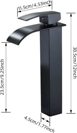 Modern Mat Siyah Kare Çanak Lavabo Bataryası Şelale Çıkış Uzun 
