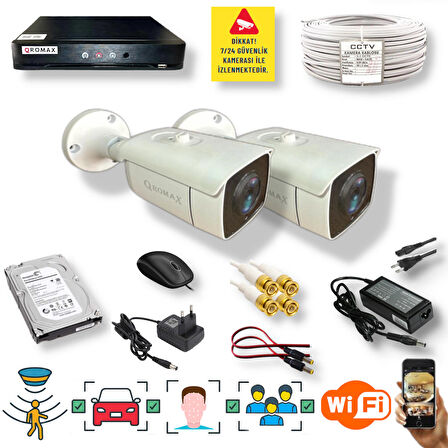 2 Kamerali Set - Araç İnsan Yüz Hareket Algılayan 24 Smd Led 5MP Sony Lensli 1080P Metal Kasa Güvenlik Kamerasi Seti 6224-1