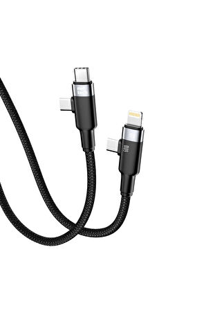 iphone-Samsung-Xiaomi-Huawei 90 derece 60W+30W Type-C To Type-C+Lightning Hızlı Şarj ve Data Kablosu