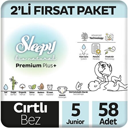 Sleepy Bio Natural 2'li Fırsat Paketi Bebek Bezi 5 Numara Junior 58 Adet