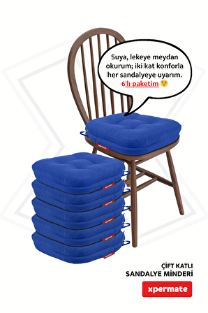 XPERMATE 6'lı  Çift Kat Sandalye Minderi Fermuarlı Yıkanabilir Kılıf Bağcıklı Su ve Yağ İtici 42x42x8 Mavi