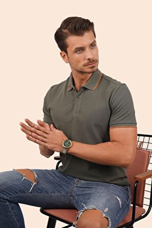 Haki Taba Yaka Çizgili Polo Tişört