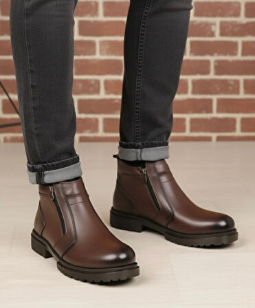 Taşpınar %100 Hakiki Deri Erkek Günlük Kışlık Kaymaz Taban Rahat Çift Fermuarlı Klasik Bot 40-44