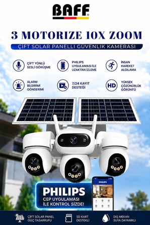 Baff SIM-5874 Çift Solar Panelli 4g Sım Kartlı 3 Lensli Ptz Akıllı Dış Mekan Güvenlik Kamerası Hd Suya Dayanıklı Ip Kamera + 96 GB SIM Kartı Dahil