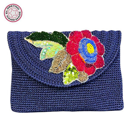 Uretti - Necla 1824 5631 El Yapımı Makrome İp  Çiçek Motifli Boncuk İşleme Detaylı Clutch Çanta / Lacivert