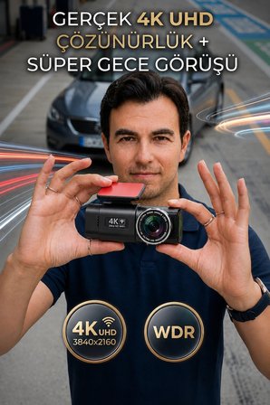 4K Ultra HD Araç Kamerası Çift Lens Ön Arka Wi-Fi GPS Park Modu Gece Görüşlü G-Sensörlü Araç İçi Güvenlik Kamerası