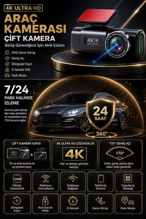 4K Ultra HD Araç Kamerası Çift Lens Ön Arka Wi-Fi GPS Park Modu Gece Görüşlü G-Sensörlü Araç İçi Güvenlik Kamerası