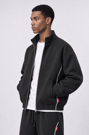 Erkek Biye Detaylı Panda Oversize Zip Siyah