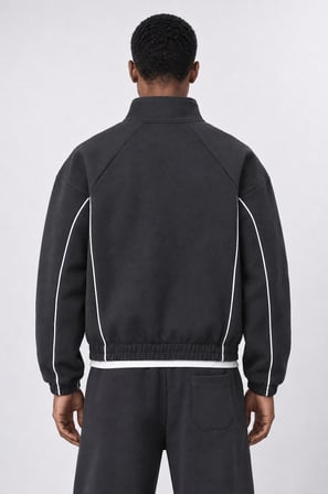 Erkek Biye Detaylı Panda Oversize Zip Siyah